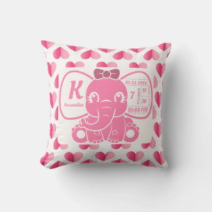 Coussin Bébé Fille rose Eléphant Naissance Statistiques Co