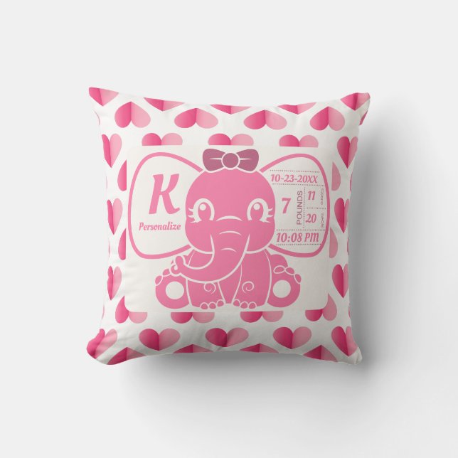 Coussin Bébé Fille rose Eléphant Naissance Statistiques Co (Recto)