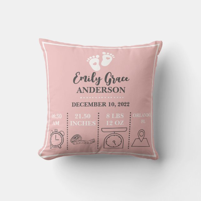 Coussin Bébé fille rose pieds Nouveau né Faire-part de nai (Recto)