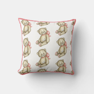 Coussin Bébé Fille rose Teddy Ours Aquarelle