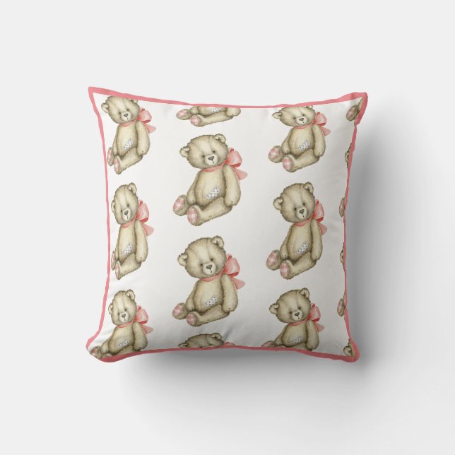 Coussin Bébé Fille rose Teddy Ours Aquarelle (Recto)