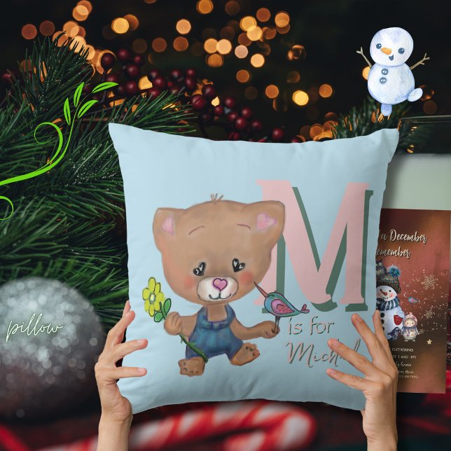 Coussin Bébé mignon Ours Teddy Bleu clair (Cute Teddy Bear Baby Light Blue Throw Pillow)