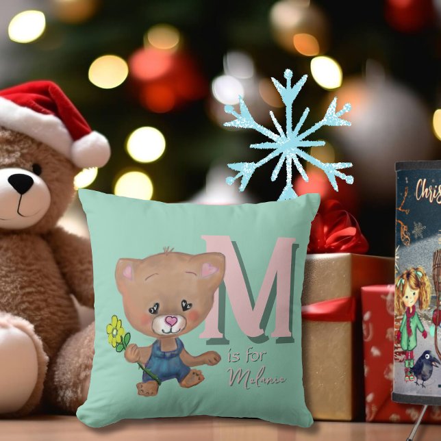 Coussin Bébé mignon Ours Teddy rose Turquoise (Cute Teddy Bear Baby Pink Teal Throw Pillow)