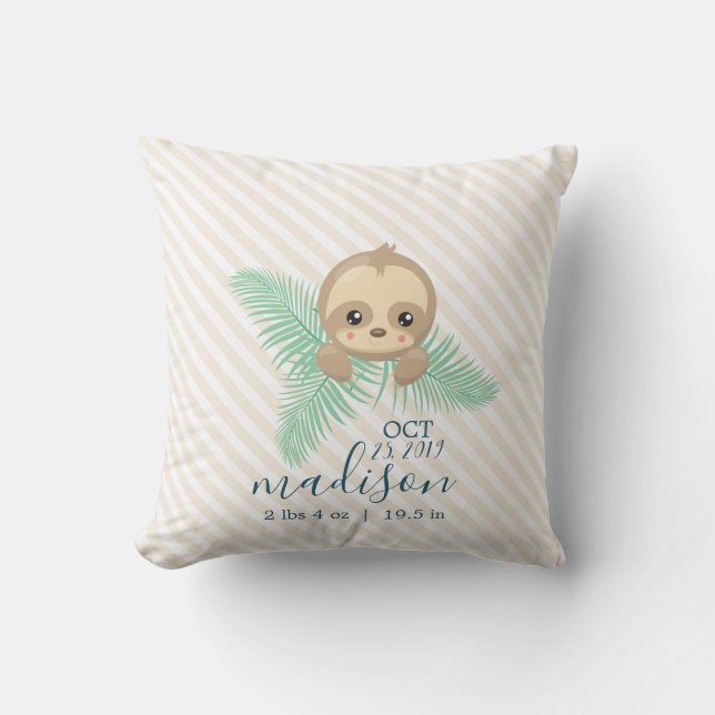 Coussin Bébé mignon Sloth Bébé Statistiques de naissance J (Recto)