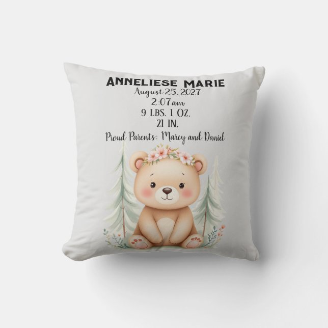 Coussin Bébé personnalisé Ours de naissance Statistiques F (Recto)