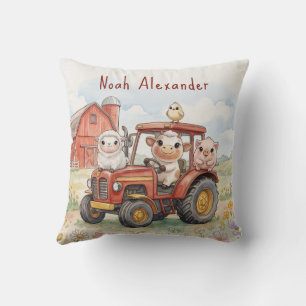 Coussin Bébés Animaux à l'Aquarelle Conduisant un Tracteur