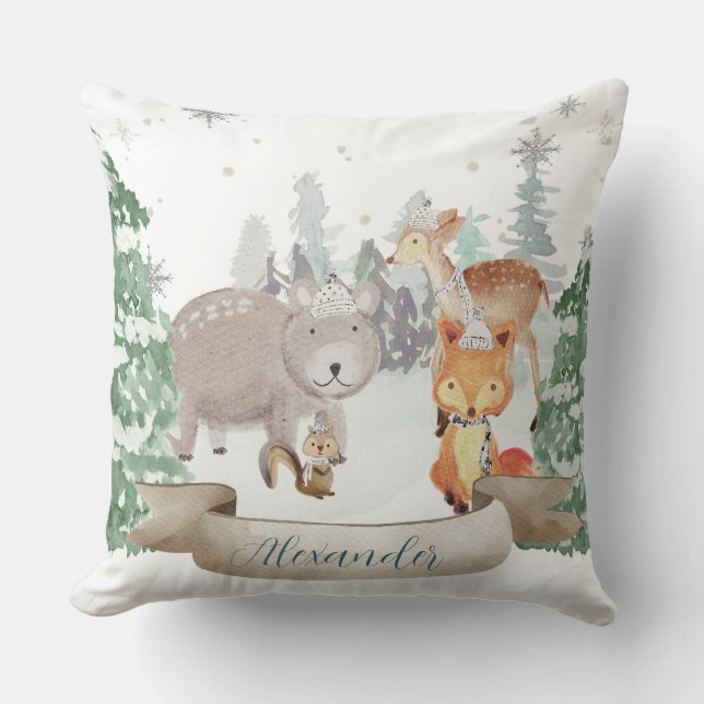 Coussin Bébés animaux dans une forêt d'hiver blanche (Recto)