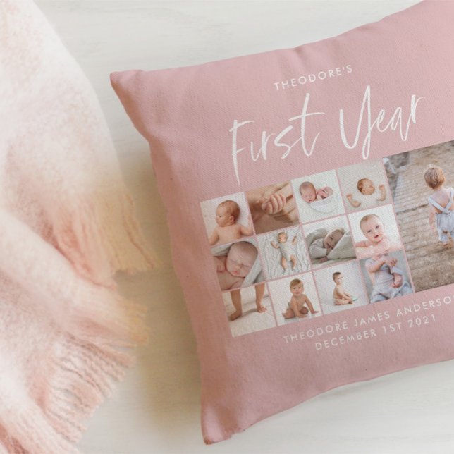 Coussin Bébés première année photo collage script rose (Créateur téléchargé)