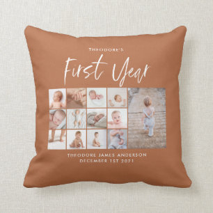 Coussin Bébés première année photo collage script terracot
