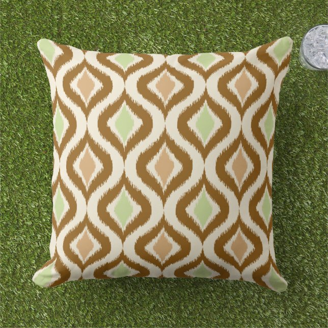 Coussin Beige Brown Vert Retro Chic Ikat gouttes Motif (Herbe)