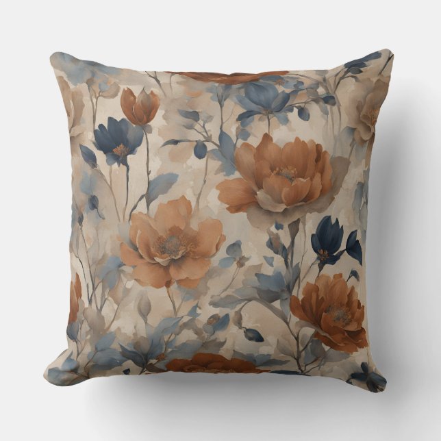 Coussin Beige Brûlé Orange Dusty Marine Bleu Floral (Recto)