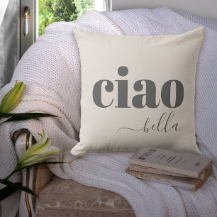 Coussin Beige Ciao Bella Bonjour Belle Typographie Moderne