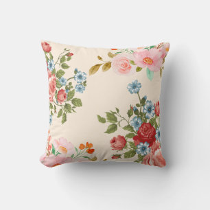 Coussin Beige Elégant motif floral - Aquarelle Rose et