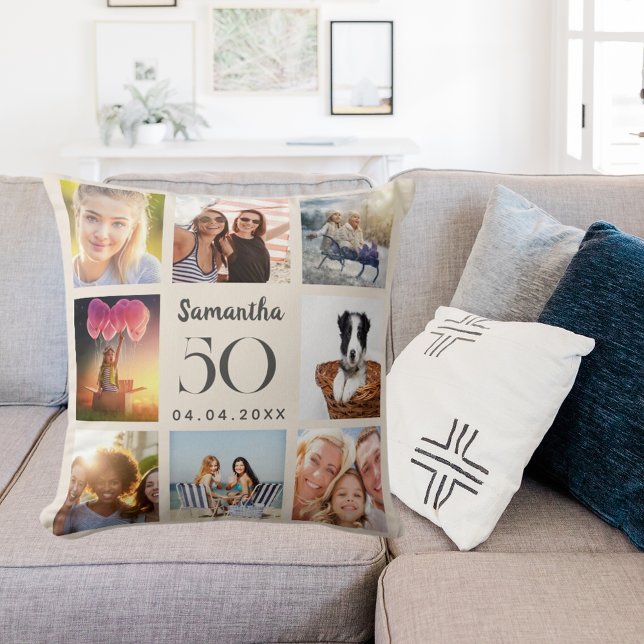 Coussin Beige personnalisé photo collage anniversaire (Créateur téléchargé)