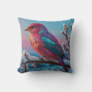 Coussin Bel Oiseau Coloré sur une Branche d'Arbre enneigée