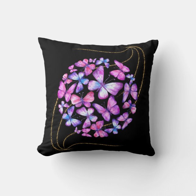 Coussin Belle Aquarelle Papillons avec Boule d'Or (Recto)