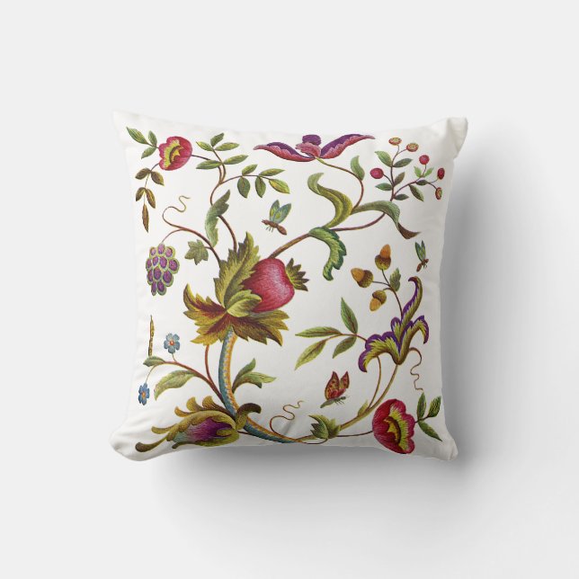 Coussin Belle broderie traditionnelle Jacobéenne Crewel (Recto)