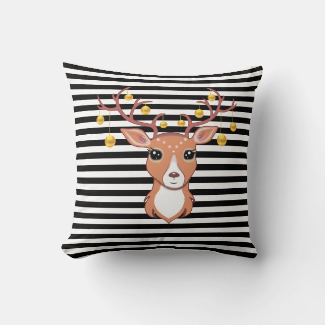 Coussin Belle cerf sur rayé noir & blanc (Recto)