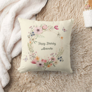Coussin Belle couronne florale et papillons Anniversaire