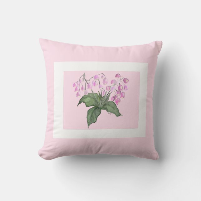 Coussin Belle Fleur de Bell Rose Delicate avec fond vert (Recto)