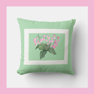 Coussin Belle Fleur de Bell Rose Delicate avec fond vert