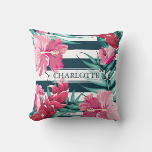 Coussin Belle Fleurs Exotiques rayées Monogramme