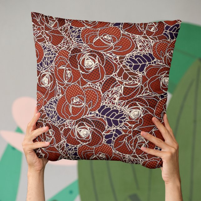 Coussin Belle florale rouge, ivoire et bleu (Créateur téléchargé)