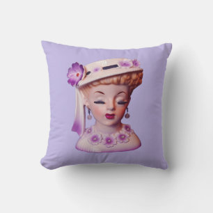 Coussin Belle Lady Head Vase Purple Flowers 1960 Poupée