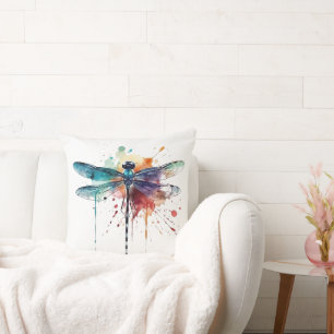 Coussin Belle libellule colorée en aquarelle de vol