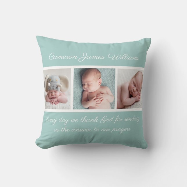 Coussin Belle photo bébé Collage Turquoise Citation religi (Recto)
