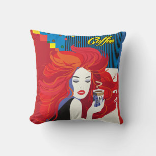 Coussin Belles femme de mode et tasse de café POP-ART