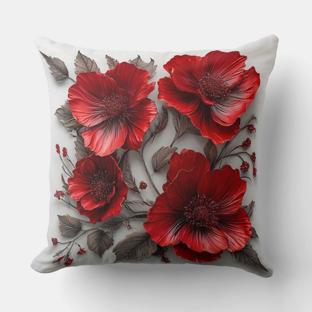 Coussin Belles fleurs et feuilles rouges (Recto)