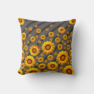 Coussin Belles fleurs jaunes sur gris, rayures noires
