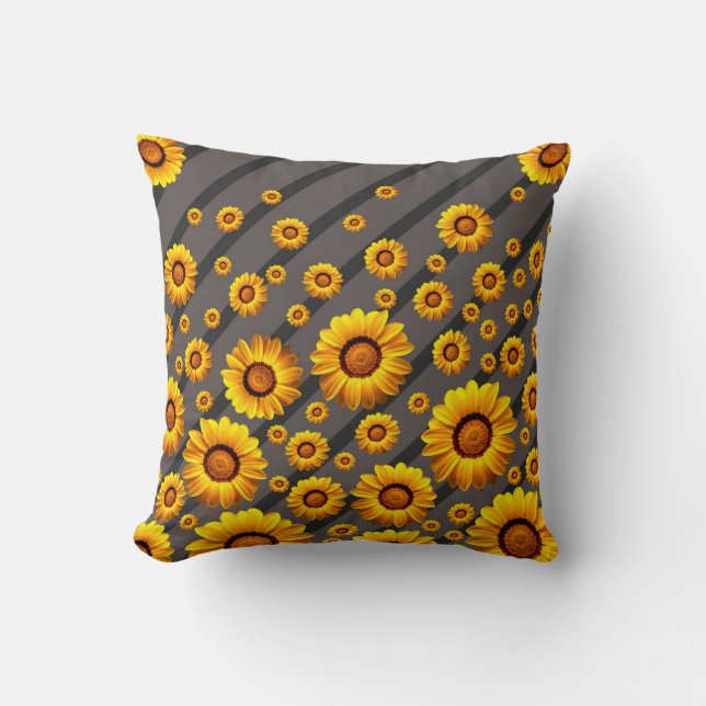 Coussin Belles fleurs jaunes sur gris, rayures noires (Recto)
