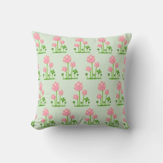 Coussin Belles fleurs roses sur vert clair (Recto)