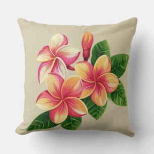 Coussin Belles fleurs roses tropicales sur fond beige