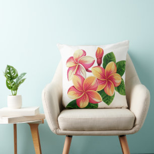 Coussin Belles fleurs roses tropicales sur fond blanc