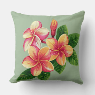Coussin Belles fleurs tropicales roses sur fond vert clair