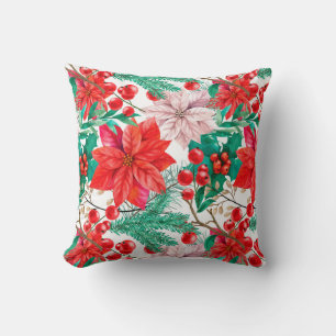 Coussin Belles Poinsettias rouges et roses, Pins & Berries