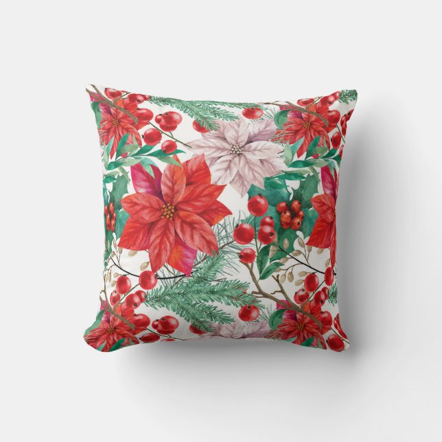 Coussin Belles Poinsettias rouges et roses, Pins & Berries (Recto)