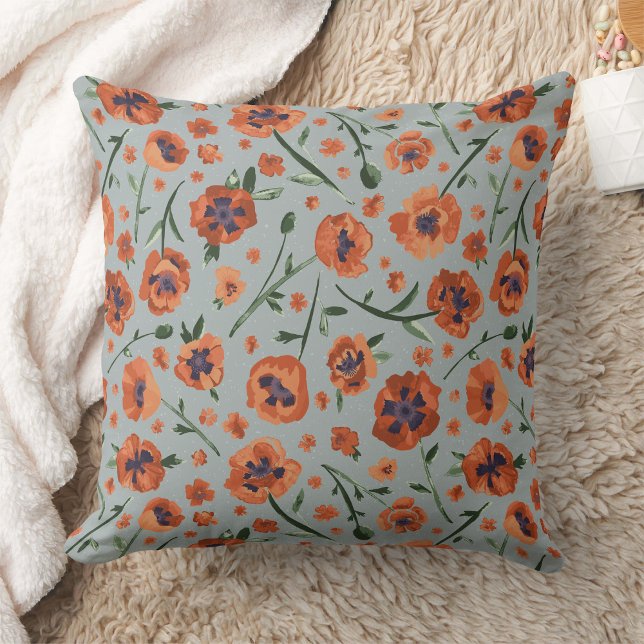 Coussin Belles Poppies Orange (Exquisite Hand-Painted Orange Oriental Poppies Throw Pillow from Studio Posies)