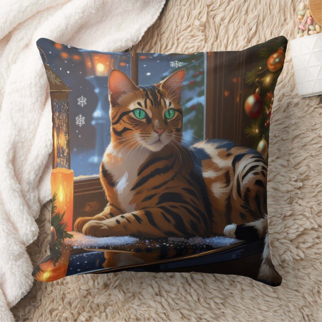Coussin Bengal Cat With Christmas Lights Holiday (Couverture)
