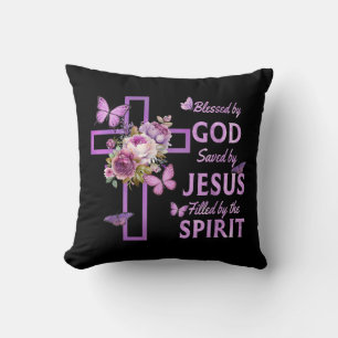 Coussin Béni par Dieu sauvé par Jésus Croix Florale pourpr