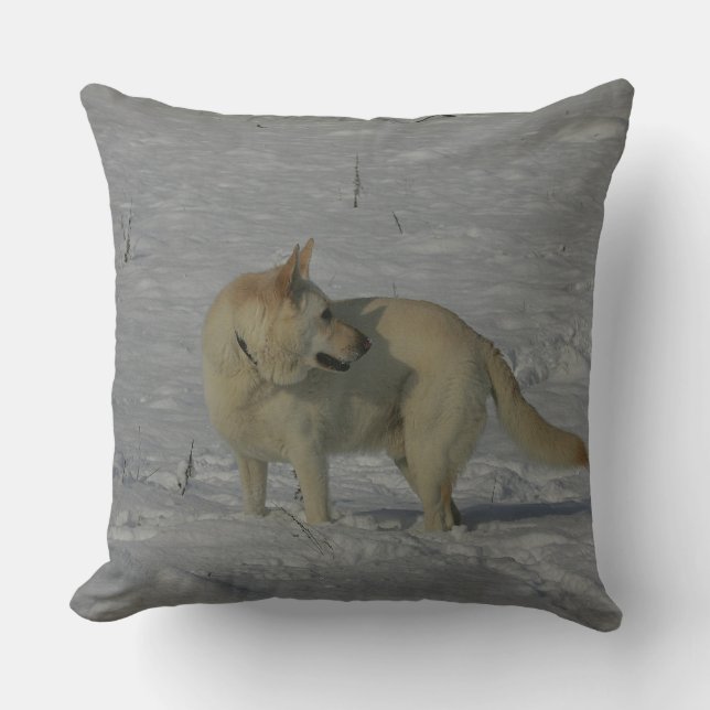 Coussin Berger allemand blanc dans la neige (Recto)