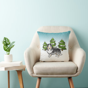 Coussin Berger des Shetland Blue Merle Dans une Forêt d'Hi