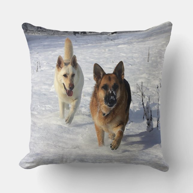 Coussin Bergers allemands courant dans la neige (Recto)
