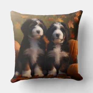 Coussin Bernedoodle Chiot Automne Citrouille de plaisir