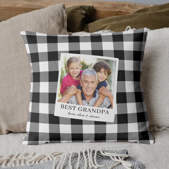 Coussin Best Grandpa Black and White Plaid Photo (Créateur téléchargé)