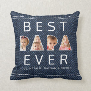 Coussin BEST PAPA EVER 3 Photo Collage Faux Denim