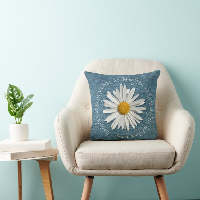 Coussin Bible Verse Daisy Fleur & Blue Denim Isaiah 40:8 (Chaise)